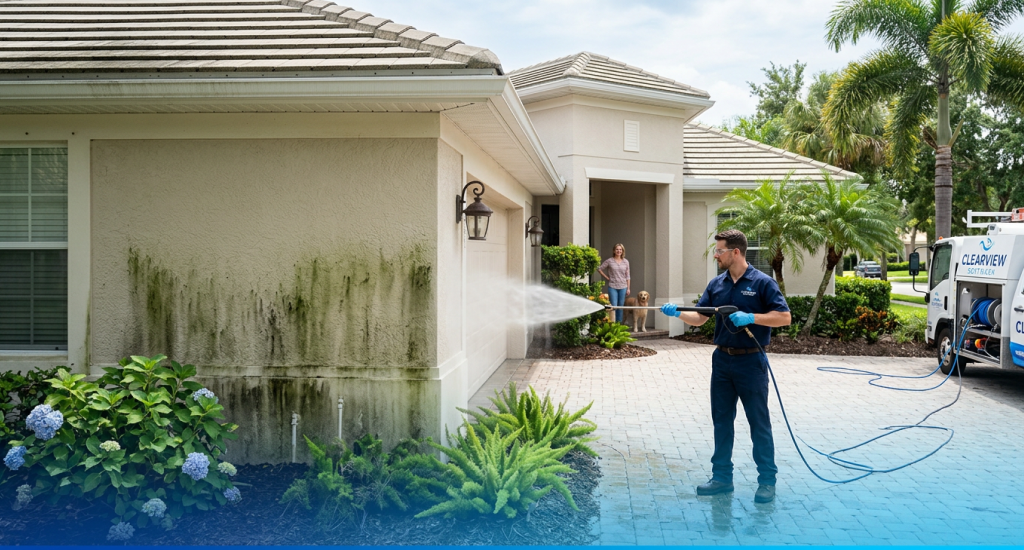 A professional from Clearview Washing uses a pressure washer to clean thick green mold off a tan stucco house while a resident watches from the porch.