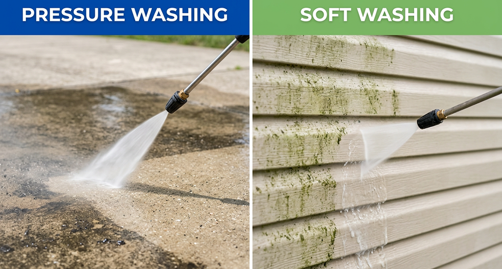 Split-screen image comparing pressure washing a concrete driveway with high force versus soft washing algae off home siding using a lower-pressure, wider spray.