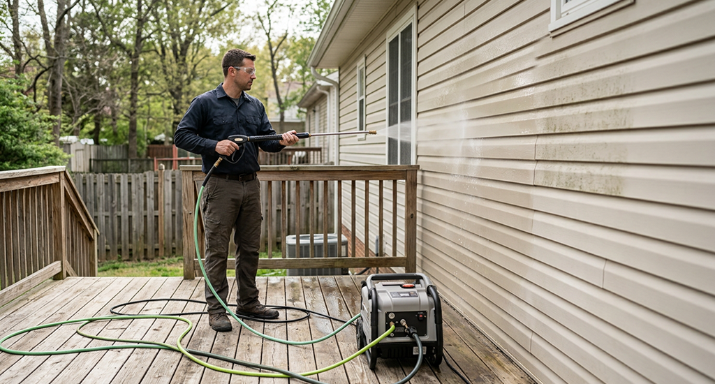 A man in safety glasses uses a Greenworks high-pressure washer to clean grime off tan horizontal vinyl house siding while standing on a wooden backyard deck.