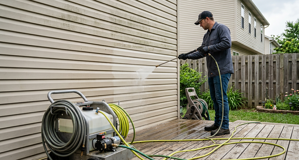 A man in a baseball cap power washes beige vinyl siding from a wooden deck. A large portable pressure washer unit with hoses sits in the foreground.