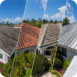 A split-screen view showcasing four different roof types: asphalt shingle, clay tile, concrete tile, and metal roofing.