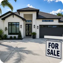 A clean, modern white house with a wide concrete driveway and a "For Sale" sign in the foreground.
