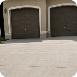 A clean concrete residential driveway with clear expansion joints leading up to a two-car garage with brown doors.