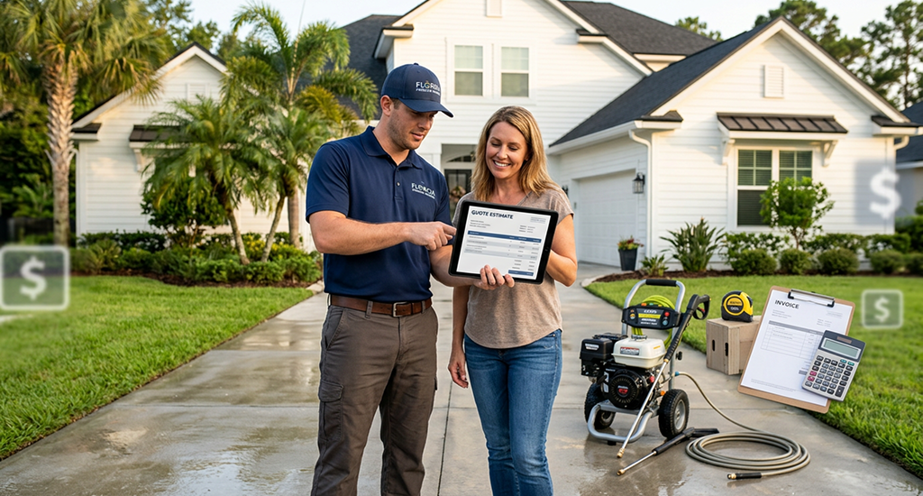 A professional contractor shows a digital quote on a tablet to a smiling homeowner. A pressure washer and invoice clipboard sit nearby on a paved driveway.