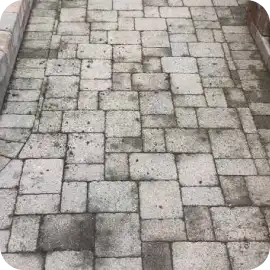 A stone paver walkway showing faded color, embedded dark stains, and weathering from sun and rain.