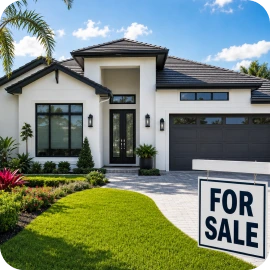 A modern white house with a dark tiled roof and a "For Sale" sign in the front yard.