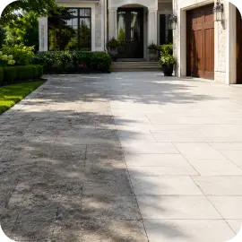Split view of a residential driveway: dirty pavers on the left, clean on the right.