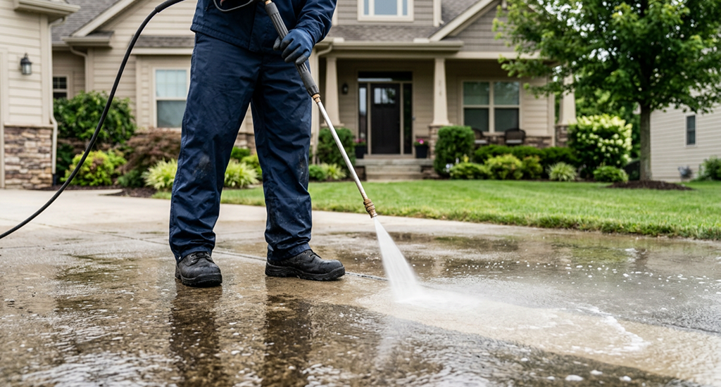 A person in blue protective gear uses a high-pressure washer to clean a dirty driveway. Water sprays across the concrete, revealing a bright, clean path behind.