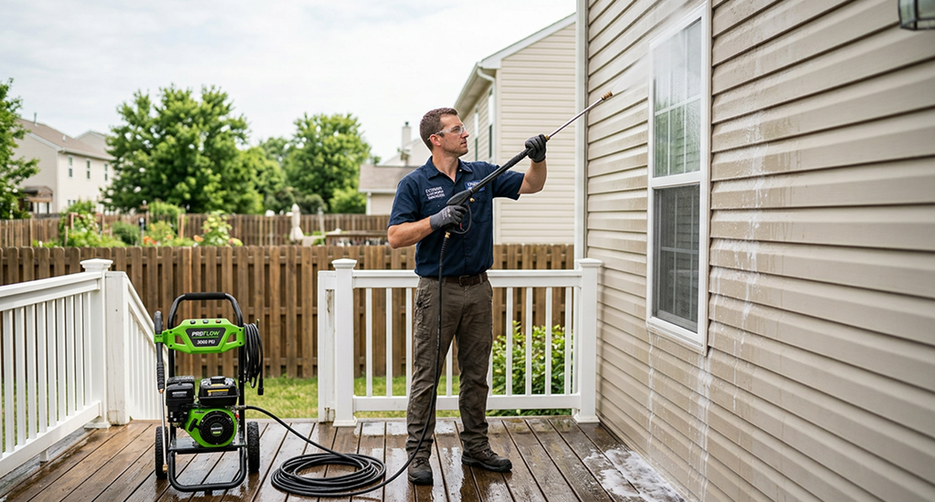 A man in a navy shirt and work pants uses a Greenworks pressure washer to clean the beige siding of a house. A green pressure washer sits on the wooden deck.