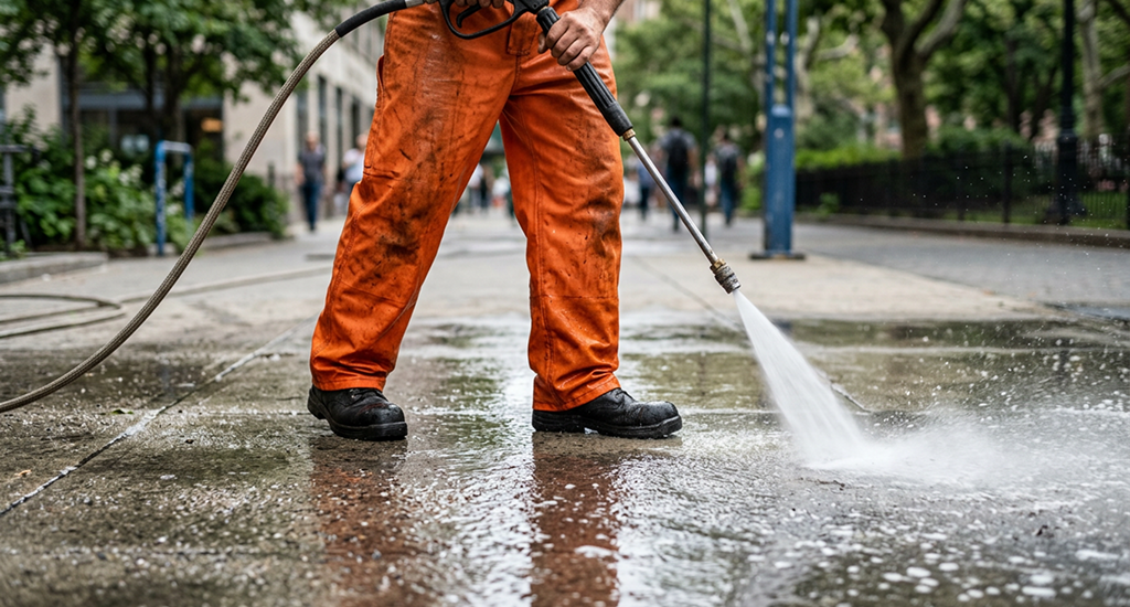 A worker in orange overalls power washes a city sidewalk. High-pressure water sprays from a wand, cleaning the wet pavement. Pedestrians walk in the background.
