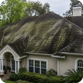 A large house roof heavily covered with dark mold and green algae buildup.