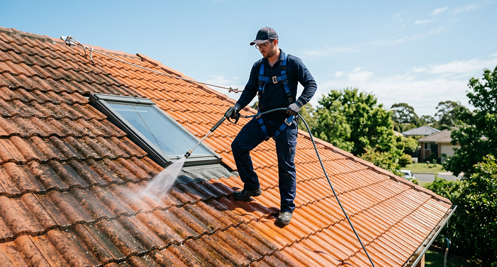 A worker wearing a safety harness uses a high-pressure washer to clean moss and dirt off orange roof tiles, revealing the bright, clean surface underneath.
