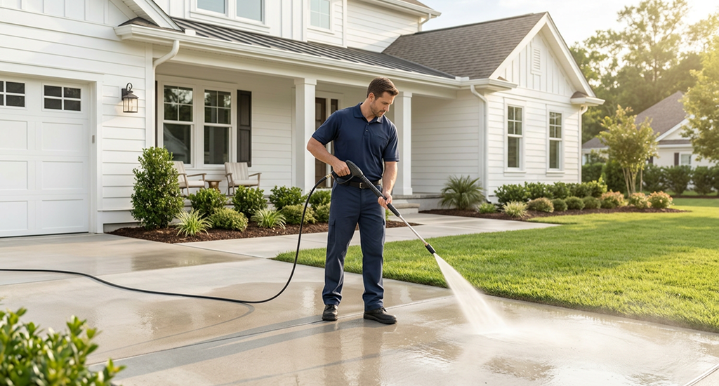 A professional technician pressure washing a concrete residential driveway in front of a white house.