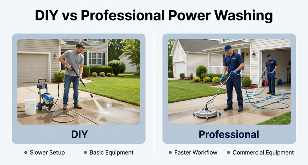 A side-by-side infographic comparing DIY power washing using basic equipment with a professional team utilizing commercial surface cleaners.