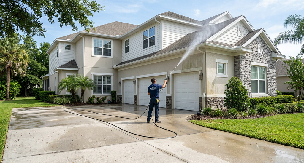 A professional service technician spraying water onto a large multi-story home with stucco, siding, and stone accents.