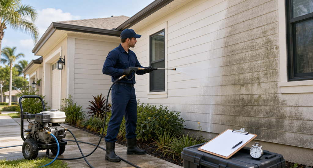 A professional technician power washing mold and dirt buildup off residential vinyl siding alongside an estimation clipboard and timer.