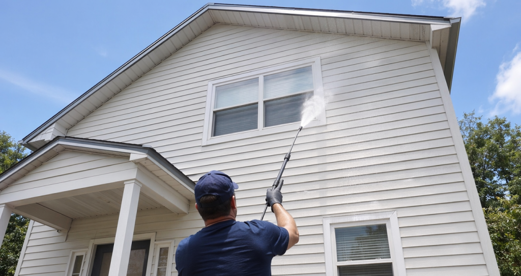 A professional power washing technician spraying water onto the upper-level white vinyl siding of a house.
