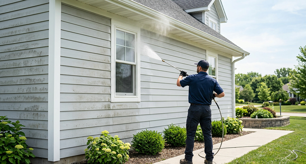 A professional technician pressure washing the exterior siding of a residential home.