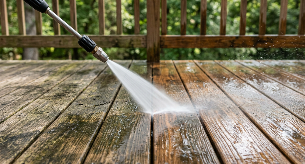 A pressure washer spray wand cleaning mold and grime off a wooden deck surface.