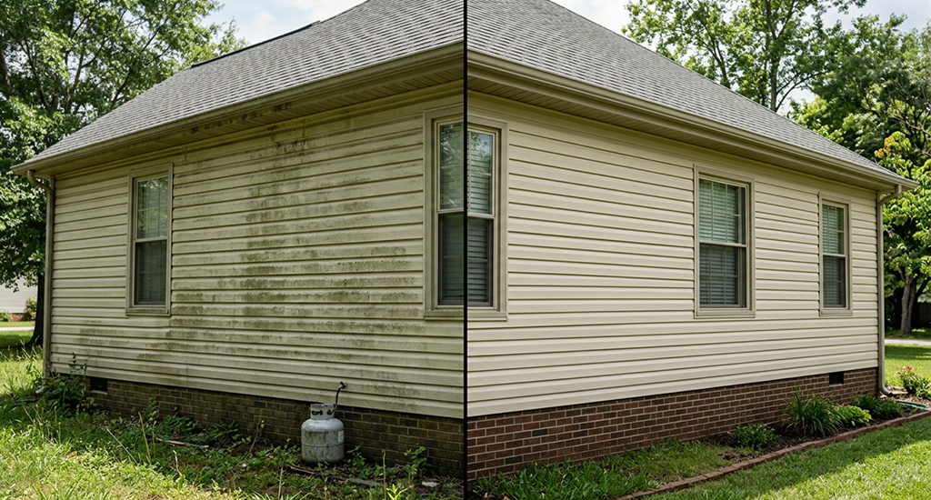 A before and after side-by-side comparison of a house with dirty vinyl siding restored to a completely clean state.